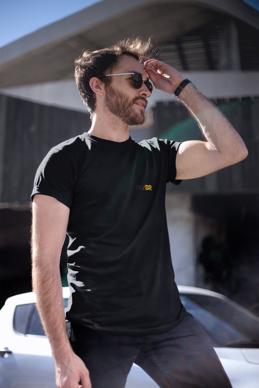 Man wearing RU/BR rubber fetish t-shirt from Subtle Tees coded design collection